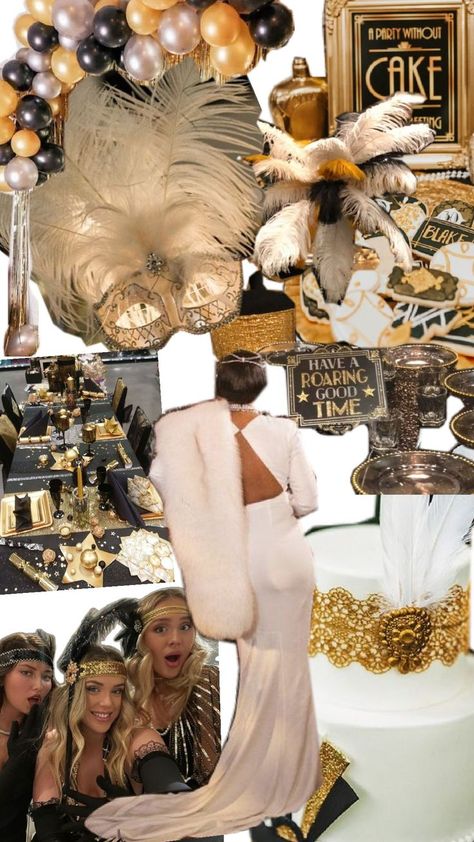 20s Theme Bachelorette Party, Gatsby Themed Birthday Party, The Great Gatsby Birthday Theme, Great Gatsby Prom Decorations, Prohibition Themed Party, 1920 Birthday Party Ideas, Gatsby Nye Party, New Years Eve Theme Party Ideas, Great Gatsby Cake Ideas