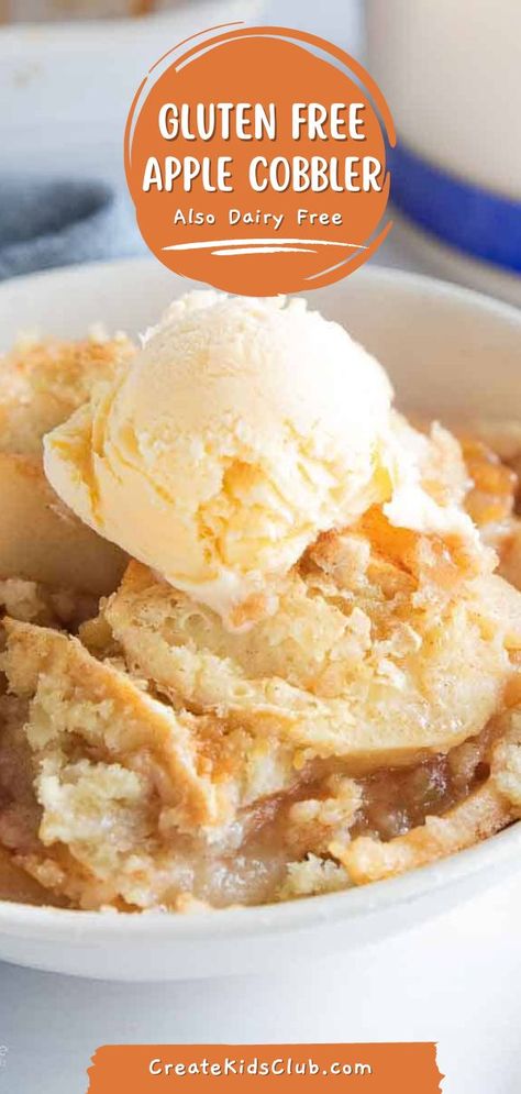 Our gluten-free apple cobbler is a delicious dessert for summer, winter, or fall. Made with Granny Smith and Honeycrisp apples tossed with lemon juice and spices, baked with a topping made from flour, sugar, and eggs, this is a must-try cobbler recipe. Dairy-free. Your friends and family will never guess this apple recipe is both gluten & dairy-free. The fresh apples combined with the flavors of cobbler filling leave your guests craving seconds. Gluten Free Fruit Cobbler, Gf Thanksgiving Desserts Easy, Flourless Apple Desserts, Keto Apple Cobbler Recipes, Gf Apple Cobbler Gluten Free, Gluten Free Apple Cobbler Recipe, Easy Gluten Free Apple Desserts, Gluten Free Granny Smith Apple Recipes, Granny Smith Apple Recipes Gluten Free