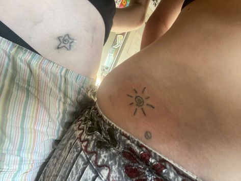 Stick And Poke Tattoo Sun And Moon, Sun Stick N Poke, Matching Tattoos Sun And Moon, Tattoo Ideas Stick And Poke, Stick And Pokes, Sun And Moon Tattoo Matching, Matching Tats, Stick N Poke, Stick N Poke Tattoo