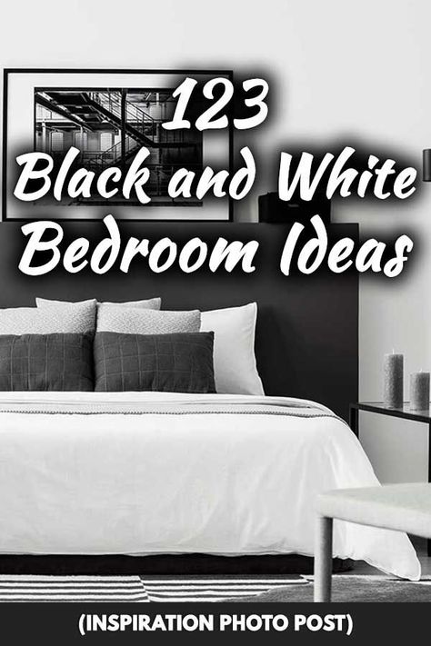 123 Black And White Bedroom Ideas (Inspiration Photo Post). Article by HomeDecorBliss.com #HDB #HomeDecorBliss #homedecor #homedecorideas Curtains For Black And White Room, Minimalist Bedroom Black And White, Grey Black And White Bedroom, White Room Decor Bedroom, Black White And Grey Bedroom, Black And White Bedroom Ideas, Black Bedspread, White Curtains Bedroom, Black And Grey Bedroom