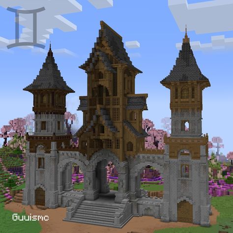 Gemini Towers Gate This house was inspired by the constellation Gemini and the reason I let it end up is because it's my sign #minecraft #minecraftbuilds #minecrafthouse #minecraftideas Minecraft Gate House, Castle Entrance Minecraft, Minecraft Catacombs, Minecraft Castle Entrance, Sign Minecraft, Minecraft Gate, Minecraft Mountain Castle, Minecraft Mountain House, Minecraft Castle Blueprints