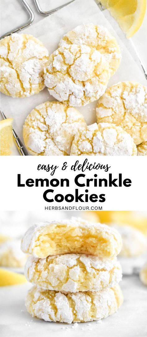 These soft and chewy Lemon Crinkle Cookies are the perfect cookie to enjoy with cup of tea! These sweet little bites are surprisingly easy to make and owe their bright, delicate flavour to fresh lemon juice. Lemon Crinkle Cookies, Lemon Cookies Recipes, Christmas Baking Recipes, Lemon Dessert Recipes, Crinkle Cookies, Lemon Cookies, Baked Dessert Recipes, Lemon Desserts, Fun Baking Recipes