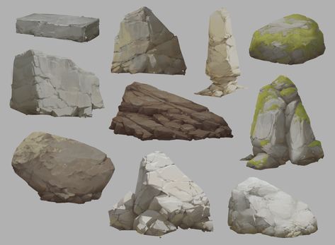 Rock Environment Concept Art, Stone Digital Painting, Rock Texture Painting, Rocks Concept Art, Rocks Digital Art, Rock Digital Painting, Rock Study, Rock Character, Stylized Rock