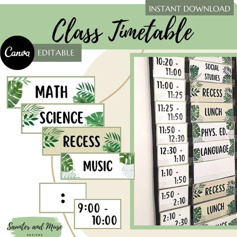 Tropical Botanical Schedule Cards - Classroom Timetable - Editable - Visual Schedule - Classroom Schedule - Pocket Folder - Letter and A4 by SaunterAndMuse on Etsy Classroom Timetable Ideas, Class Timetable Ideas Classroom Displays, Class Timetable Ideas, Visual Schedule Classroom, Timetable Ideas For Classroom, Lavender Classroom, Schedule Classroom, Classroom Schedule Cards, Tropical Classroom