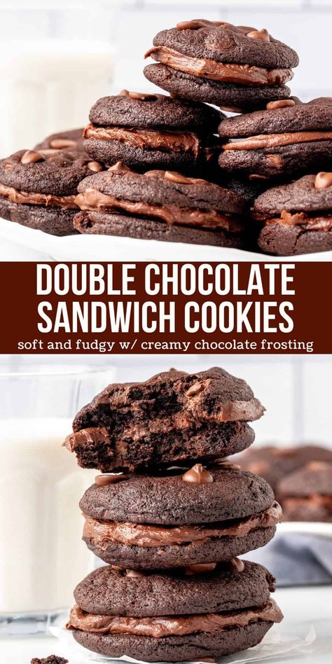 These double chocolate sandwich cookies are for true chocolate lovers only. Rich and fudgy chocolate cookies sandwiched with creamy chocolate frosting - get your milk ready! #cookies #chocolate #doublechocolate #sandwichcookies #frosting #recipe from Just So Tasty Sandwich Cookie Recipes, Chocolate Cookie Sandwich, Chocolate Chip Sandwich Cookies, 100 Cookies Recipe, Creamy Chocolate Frosting, Crumble Cookie, Cookie Sandwich Recipes, Baking Inspiration, Double Chocolate Cookies