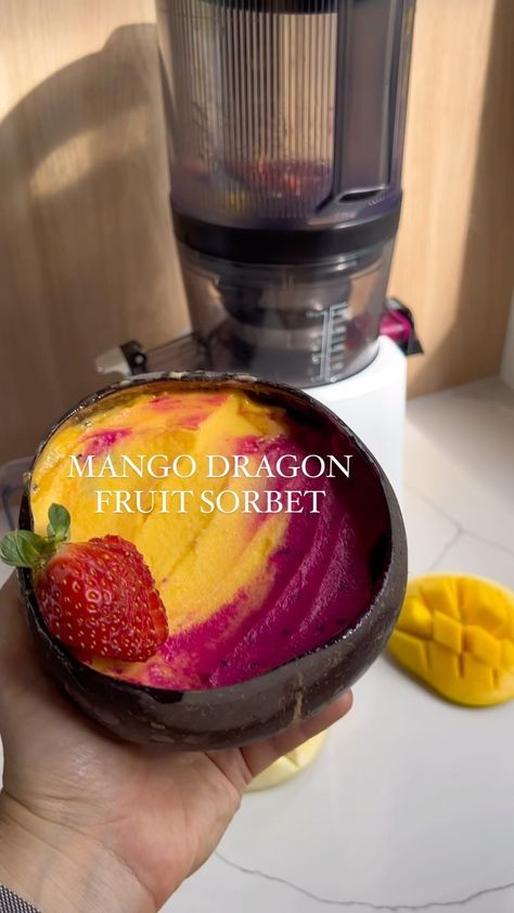 Creamy Mango Dragon Fruit Sorbet 🐉🥭 A homemade delight! This sorbet is not only stunning with its vibrant colors but also irresistibly… | Instagram Dragon Fruit Sorbet, How To Eat Dragon Fruit, Fancy Bagels, Dragon Fruit Sorbet Recipe, Dragonfruit Smoothie Recipe, Dragonfruit Sorbet, Ninja Smoothie Recipes, Mango Sorbet Recipe, Dragonfruit Recipes