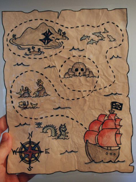 Treasure Map Art Project, Pirate Ship Cartoon Drawing, Pirate Map Illustration, Diy Pirate Treasure Map, Treasure Hunt Map Design, Diy Pirate Map, Pirate Map Craft, Pirate Drawing Ideas, Pirate Aesthetic Drawing