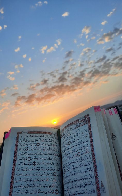 #quran #sky #sunset Muslimah Photography, Al Qur'an Photography, Al Qur'an Aesthetic, Old Paper Background, Qur'an Photography, Quran Book, Mecca Wallpaper, Beautiful Quran Verses, Muslim Pictures