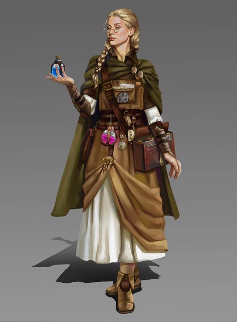 ArtStation - Alchemist character Herbalist Character Art, Herbalist Outfit Design, Dnd Shopkeep, Dnd Herbalist, Fantasy Herbalist, Herbalist Outfit, Herbalist Character Design, Female Herbalist, Herbalist Character