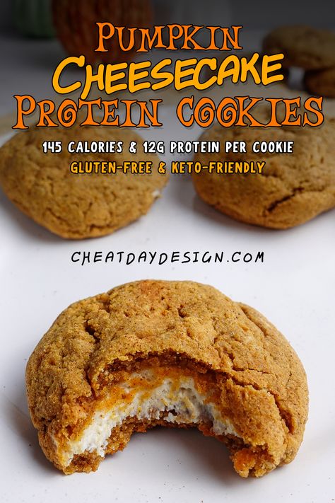 Healthy Baking Gluten Free, Gluten Free Pumpkin Protein Cookies, Pumpkin Cheesecake Protein Shake, Low Carb High Protein Pumpkin Recipes, Pumpkin Spice Protein Cookies, Healthy Pumpkin Protein Cookies, Five Super Foods, Protein Desserts Recipes, High Protein Fall Dessert