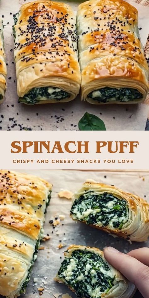 Spinach and Cheese Puff Pastry Rolls: A Savory Treat! Ingredients: 300g fresh spinach 3 tbsp olive oil 3 cloves garlic, minced 1 egg (for filling) Salt, to taste 1/2 tsp black pepper, freshly ground 250g ricotta cheese #Spinach #Puff Spinach Puffs Recipe, Puff Pastry Dinner, Puff Pastry Rolls, Puff Pastry Snacks, Pastry Rolls, Puff Pastry Recipes Savory, Spinach Puff Pastry, Savory Puff Pastry, Spinach Puff