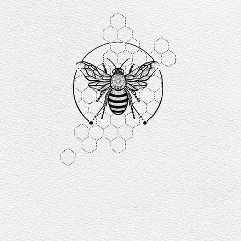 Unique Bee Tattoo Ideas, Bee On Honeycomb Tattoo, Honeybee Tattoo Flowers, Bumble Bee Design, Bees Tattoo Design, Serotonin Molecule Tattoo Bee, Bumble Bee And Honeycomb Tattoo, Bee And Honey Tattoo, Bee And Hive Tattoo