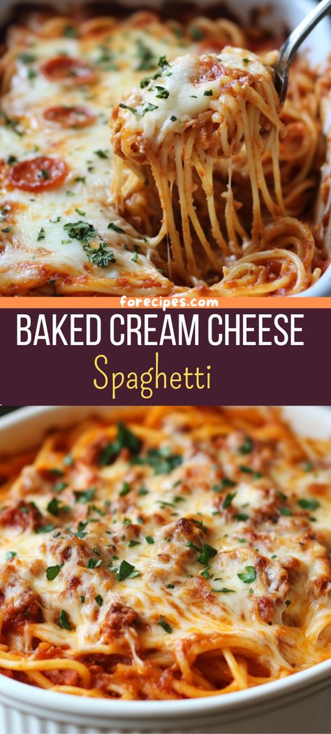 Baked Cream Cheese Spaghetti Creamy Baked Spaghetti, Lunch Casserole, Baked Cream Cheese, Cream Cheese Spaghetti, Patty Melt Recipe, Baked Cream Cheese Spaghetti, Baked Pasta Dishes, Cream Cheese Pasta, Baked Spaghetti Recipe