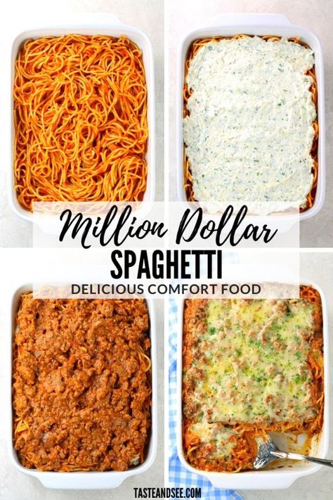 Million Dollar Spaghetti is a hearty and budget-friendly casserole that's full of delicious ingredients! With ground beef, marinara, pasta, Mozzarella, Parmesan, and Ricotta cheese!  #TasteAndSee Spaghetti Lasagna Bake Ricotta, Spaghetti Bake Recipe Ricotta, Pasta With Marinara And Ricotta, Baked Spaghetti Recipe With Ricotta, Ground Beef With Ricotta Cheese, Ricotta Spaghetti Bake, Ricotta Marinara Pasta, Million Dollar Spaghetti Ricotta, Spaghetti Recipes With Ricotta Cheese