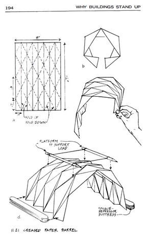 Creased Paper Barrel - Beautiful structural shape from folding paper: Folding Structure Architecture, Paper Structure Design, Paper Structure Architecture, Folded Structure Architecture, Paper Folding Drawing, Folding Paper Architecture, Deployable Structure Architecture, Paper Structure Architecture Origami, Folded Paper Art