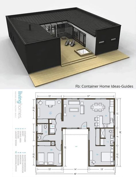 U Shaped Shipping Container House Plans, 4 Container House Design, Shipping Container Homes 3 Bedroom, Shipping Container Blueprints, Container House Blueprint, 4 Bedroom Container Home, How To Build A Small House, Storage Container Homes Plans Layout, A Frame Container Home