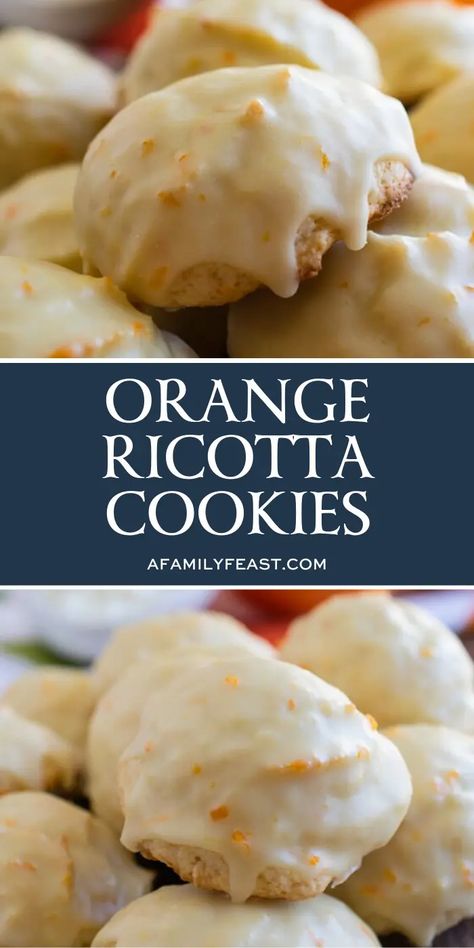 All Recipes Ricotta Cookies, Italian Baking Desserts, Orange Treats Desserts, Almond Ricotta Cookies, Orange Flavored Cookies, Orange Cookies Frosted, Lemon Ricotta Cookies With Lemon Glaze, Ricotta Uses, Recipes Using Fresh Oranges