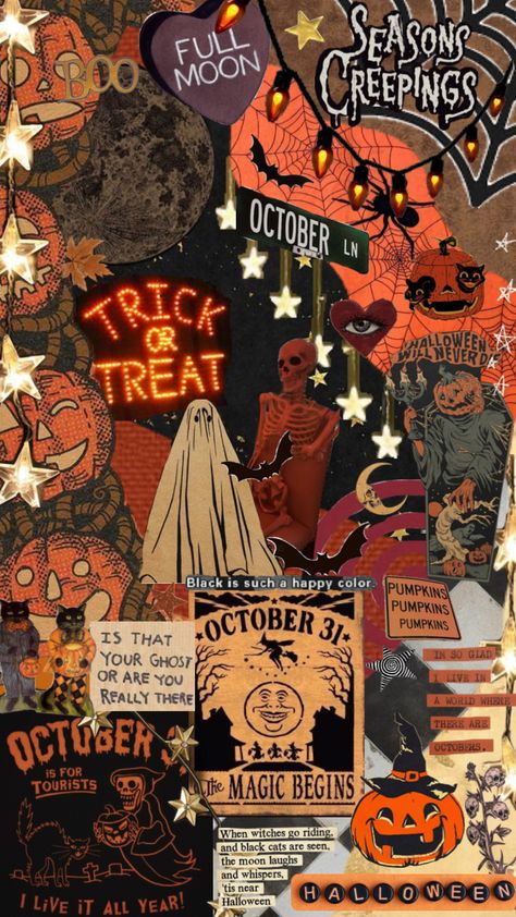 Halloween mood board #vintage #vibes #halloween #art #wallpaper #october #fall #spooky #spookyszn #aesthetic #mood #moodboard Orange Halloween Wallpaper, Creepy Wallpaper, Fall Lockscreen, Halloween Nostalgia, Seasonal Wallpaper, Wallpaper Collages, Spooky Wallpaper, Halloween Collage, Helloween Wallpaper