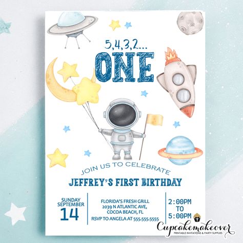 Out Of This World First Birthday, Birthday Boy Invitations, 1st Birthday Astronaut Theme, 1st Birthday First Trip Around The Sun, First Trip Around The Sun Birthday Invitation, Houston We Have A One Year Old Decor, Space Themed Birthday Party One Year Old, First Trip Around The Sun Themed Birthday Party, One Year Space Birthday