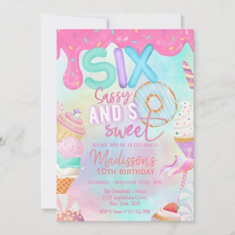 Six Sassy and So Sweet Invitation  Zazzle Six Is So Sweet Birthday, Yummy Donuts, 7th Birthday Party Ideas, Six Girl, Birthday Donuts, Girls Party Invitations, Sweet Birthday, Pink Donuts, Donut Party