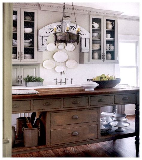 Follow The Yellow Brick Home - Kitchen Island Inspiration: Euro-Inspired Farmhouse Work Tables and Pastry Tables – Follow The Yellow Brick Home Antique Kitchen Island, Potpourri Stovetop, Houses Black, Exterior Christmas, Farmhouse Kitchen Island, Kitchen Island Decor, Rustic Farmhouse Kitchen, New Kitchen Cabinets, Christmas Potpourri