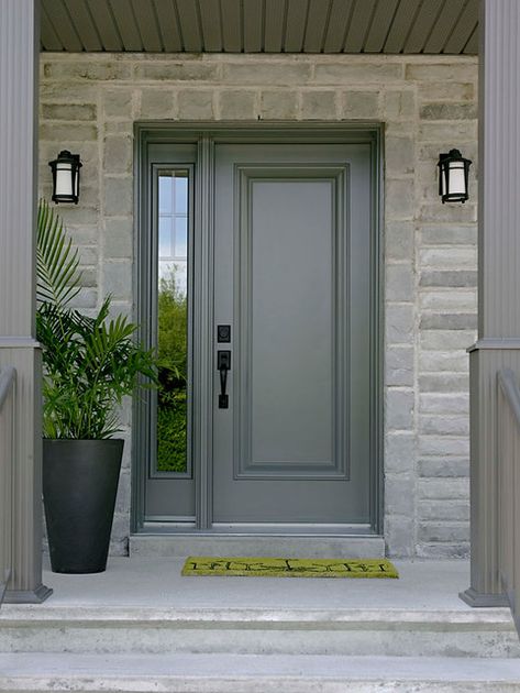 Exterior Steel Door With Sealed Grilles And Transom - JW | Flickr Gray Front Door, Grey Front Door, Door Sidelights, Vstupná Hala, Exterior Door Colors, Front Door Inspiration, Steel Doors Exterior, Front Door Styles, Pelan Rumah