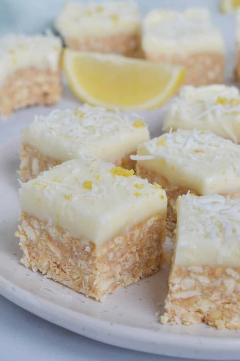 No Bake Lemon Slice, Meyer Lemon Bars, Sweet Biscuits, No Bake Slices, Citrus Slice, Coconut Slice, Tray Bake Recipes, Lemon Icing, Lemon Dessert Recipes