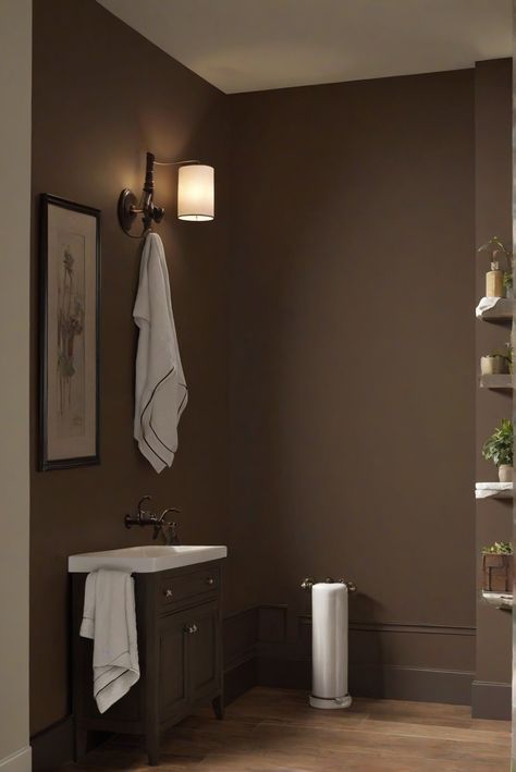 bathroom wall decor, bathroom wall ideas, bathroom wall paint, bathroom wall design Dark Brown Bathroom Decor, Sw Dark Brown Paint Colors, Brown Paint Colors Behr, Urbane Bronze Bathroom, Color For Bathroom Walls, Dark Brown Bathroom Ideas, Chocolate Brown Bathroom, Brown Painted Cabinets, Brown Grey Paint Color