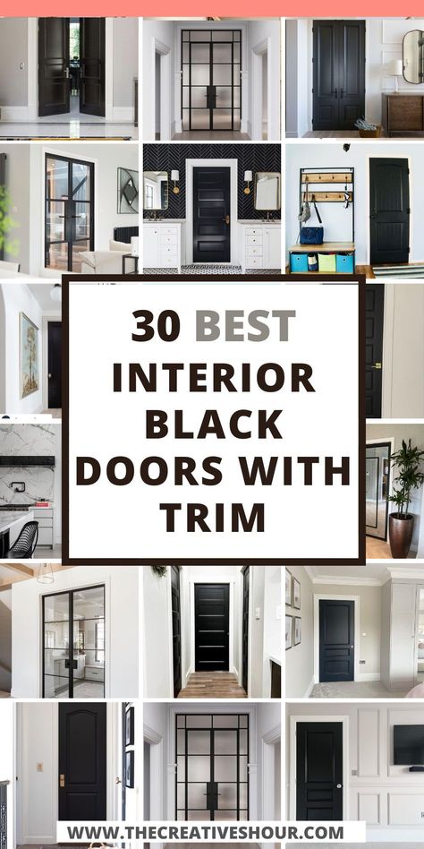 Transform Your Home with Interior Black Doors with White Trim: Discover how interior black doors with white trim can add a touch of elegance and contrast to your hallway. Learn how to pair them with grey walls paint colors and dark wood floors for a modern farmhouse look. Black Door Grey Walls, Black Painted Doors And Trim, Grey Walls Black Doors White Trim, High Gloss Black Interior Doors, Black Kitchen Doors To Outside, Black Door Bedroom Ideas, Alabaster Walls With Black Doors, Painting Black Doors Interior, Black Interior Doors With Gray Walls