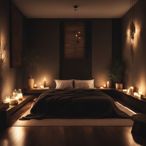 Dark Room Bedroom, Moody Meditation Room, Basement Bedroom Ideas No Windows, Minimal Bedroom Aesthetic, Modern Men’s Bedroom, Bedroom Bed Ideas, Cozy Warm Bedroom, Dark Minimalist Bedroom, Dark Romantic Bedroom