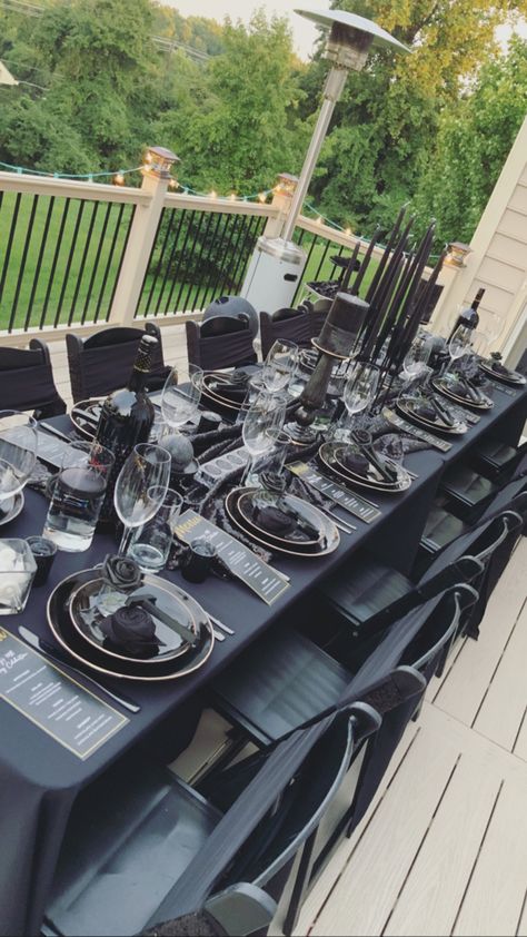 Black Tablecloth With Black Plates, All Black Outdoor Party, Black And Silver Birthday Dinner Party, All Black Party Table Decor, 50 Shades Of Black Party Ideas, Black Excellence Theme Party, All Black Anniversary Party, All Black Birthday Decorations, Black Picnic Ideas