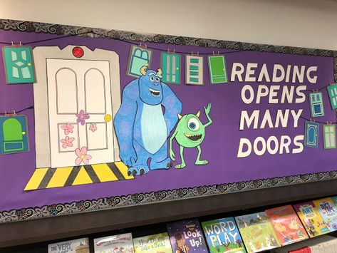 Energy Express Themes, Disney Themed Elementary Classroom, Disney Themed Library, Disney Classroom Ideas Bulletin Boards, Disney Reading Bulletin Boards, Disney Pixar Classroom Theme, Disney Theme School Decorations, Bulletin Board Themes For Work, Character Classroom Theme