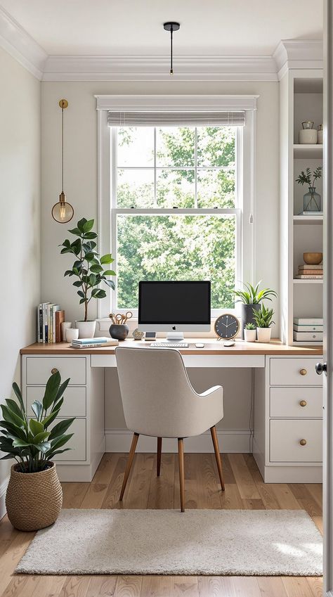 Tiny Office Space Ideas Home Office Under Window, Office Window Desk, Office Design With Window, Office Desk Under Window, Office With Window Seat, Desk At Window, Desk By Window, Desk In Front Of Window, Tiny Office Space Ideas