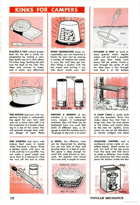 Handy tips for recycling items to use in camping. Wrap you stick matches with yarn and dip in paraffin wax. Make a tent heater out of coals and buckets. Pie tin tent tie downs etc Popular Mechanics May 1965 Tent Heater, Diy Tent, Pie Tin, Camping Tents, Cool Dog, Popular Mechanics, Emergency Prepping, Recycled Items, Rv Stuff