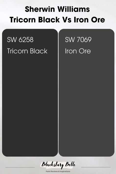 Tricorn Black Vs Iron Ore, Iron Ore Vs Tricorn Black, Charcoal Paint Colors, Sherwin Williams Tricorn Black, Iron Ore Sherwin Williams, Tricorn Black, Charcoal Paint, Black Paint Color, Sherwin Williams Paint Colors