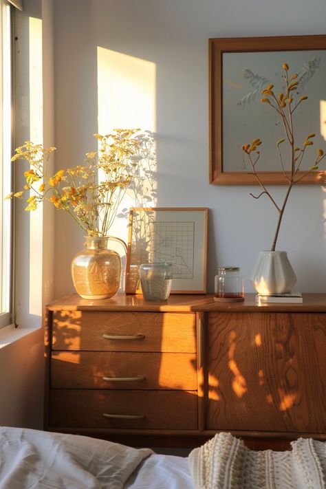 Minimalistic Chic Bedroom, Article Bedroom Ideas, Vintage Earthy Aesthetic, Retro Minimalist Bedroom, Feminine Mid Century Modern, Modern Folk Interior Design, Rental Bedroom Ideas, Mid Century Cozy, Dresser Styling Bedroom