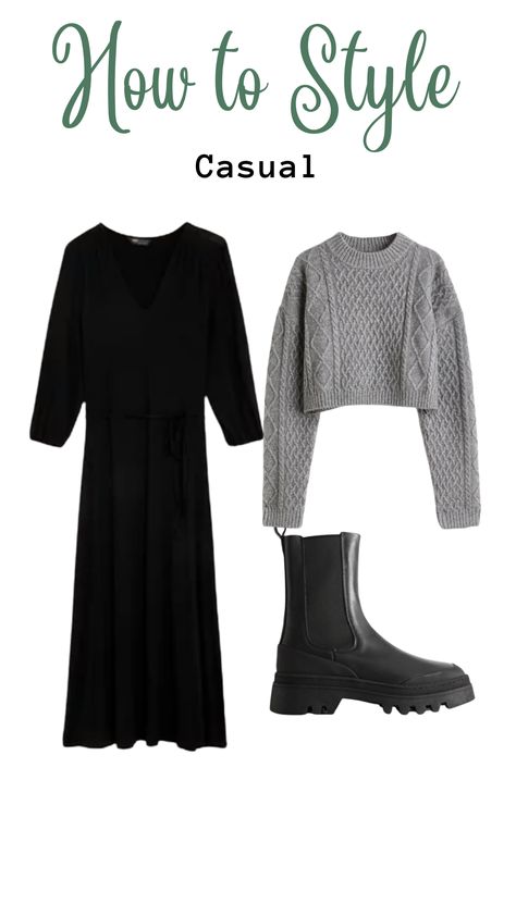 Sweater Over Black Dress Outfit, Black Knit Midi Dress Outfit Winter, Knitted Dress And Boots, Black Jumper Dress Outfit Winter, Black Knit Midi Dress Outfit, Cropped Sweater Skirt Outfit, Black Long Sweater Dress Outfit, Black Dress Capsule Wardrobe, Black Wool Dress Outfit