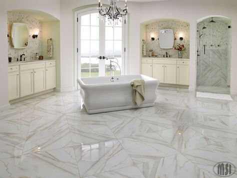 Porcelain-pietra-calacatta 24X24 stunning! Calacatta Marble Floor, Honed Marble Floor, Porcelain Tile Bathroom, Marble Tile Bathroom, Marble Floors, Bullnose Tile, Marble Tile Floor, Best Floor Tiles, Tile Trim