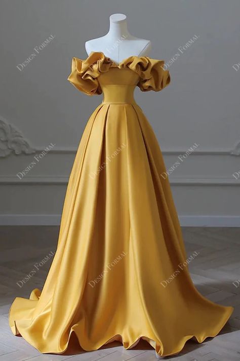 Gold Ruffled Off-the-shoulder Satin Custom A-line Horsehair Formal Host Gown features refined off shoulder bodice with eye-catching ruffles drop sleeves, wide empire waistband, pleated A-line skirt with horsehair hemline. Yellow Dress Off Shoulder, One Shoulder Ruffle Dress, Gold Formal Dresses, Yellow A-line Formal Dress, Golden Dress Long, Gold Floor-length Dress With Ruffles, Formal Yellow Ruffled Dress, Elegant Yellow Tulle Princess Dress, Yellow Princess Dress With Ruffles For Dress-up