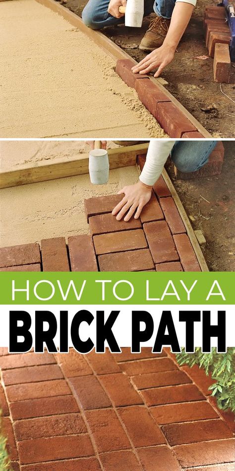 Learn how to lay a brick path along with other classic DIY garden walkway Ideas and projects! Diy Brick Pathway Walkways, Cheap Walkway Ideas, How To Make A Brick Walkway, Diy Sidewalk Walkways, Brick Pathways Walkways, Diy Brick Walkway, Brick Pavers Walkway, Easy Garden Pathway Diy, Brick Walkway Ideas