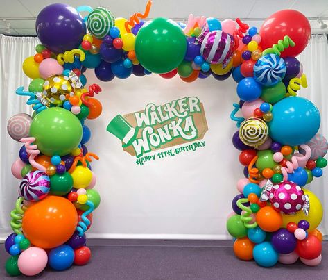 Logo Backdrop, Chocolate Factory Party, Willy Wonka Party, Candy Balloons, Candy Birthday Party, Candyland Birthday, Balloon Arches, Lollipop Candy, Candyland Party