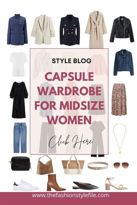 Capsule wardrobe for midsize women #midsizefashion #styleblog #outfitideas Midsize Outfits Fall, Midsize Fashion Fall, Midsize Women, Midsize Fall Outfits, Plus Size Capsule Wardrobe, Mid Size Outfits, Capsule Wardrobe Work, Capsule Wardrobe Essentials, Capsule Wardrobe Outfits