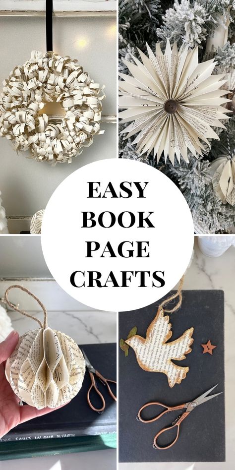 Make these easy crafts with book pages. Use upcycled books to make DIY ornaments, wreaths and home decor. Tutorials included! Use Books As Decor, School Craft Club Ideas, Crafts With Old Books Pages, Old Books Crafts Diy, Old Books Repurposed Diy Crafts, Old Paper Christmas Decorations, Paper Back Book Crafts, Crafts Out Of Old Books, Christmas Book Paper Crafts