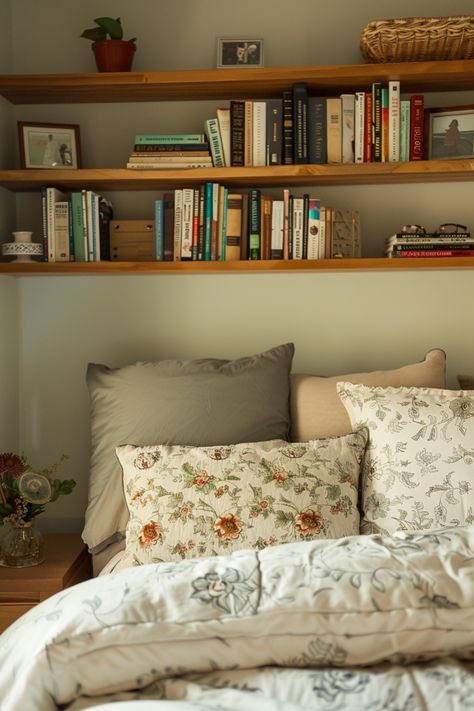 Cozy bedroom with a bookshelf above the bed, decorated with throw pillows and floral bedspread. Space Saving Shelves Bedroom, Ikea Shelves Above Bed, Book Shelf Wall Bedroom, Room Shelving Ideas Bedrooms, Shelf Along Top Of Wall Bedroom, Shelves Books Wall, Drawers With Shelves Above, Wall Long Shelf, High Shelves Bedroom