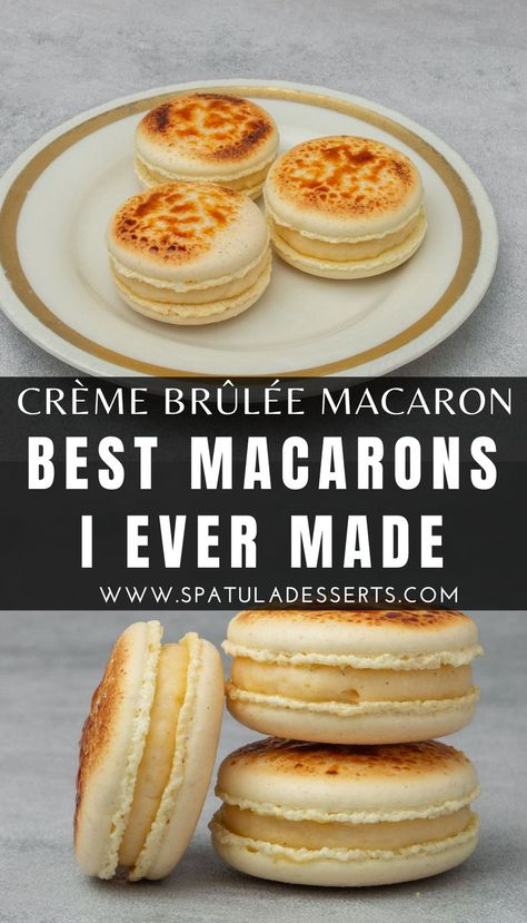 Vanilla Bean Macarons Recipe, Creme Brulee Macaron Recipe, Best French Macaron Recipe, Best Macaroons Recipe, Easy French Dessert Recipes, Crème Brûlée Cookies, Macroom Recipe, Disney Macaroons, Creme Brulee Macaron