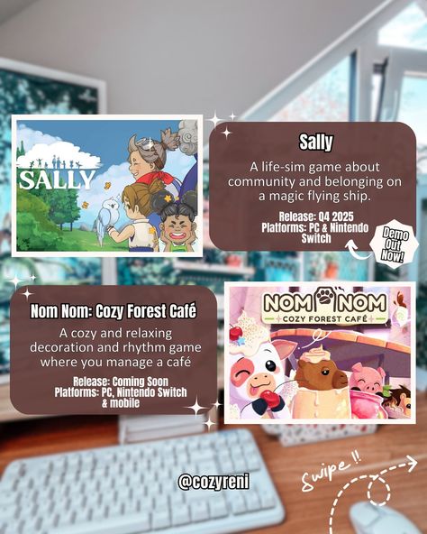 Need some new cozy games to add to your wishlist? 🥰 Have a look at these upcoming games & free demos! 😊🫶🏻 #nintendoswitch #nintendoswitchlite #pcgaming #cozygames #cozygaming #cozygamingcommunity #cozygamingsetup #gaming #videogames Cosy Switch Games, Cozy Nintendo Games, Cozy Gaming Nintendo Switch, Cozy Nintendo Switch Games, Nintendo Switch Cozy Games, Cosy Games, Aesthetic Games, Aesthetic Apps Games, Game Recommendations