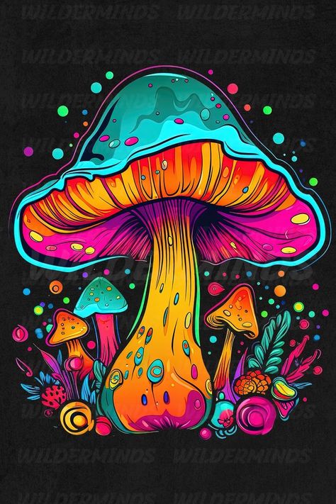 Drawing Of Mushrooms Trippy, Mushroom Illustration Trippy, Mushroom Art Ideas, Mushroom Art Hippie, Magic Mushroom Illustration, Trippy Graphic Design, Mushroom Drawing Hippie, Colorful Mushroom Art, Trippy Mushroom Painting