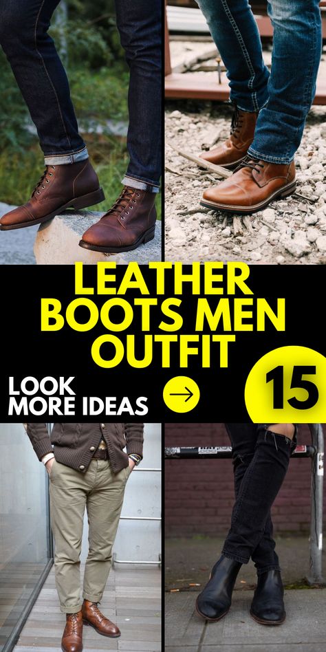 Looking for a versatile and stylish men's outfit for fall? Pair your favorite denim or chinos with a classic suede Chelsea boot. The soft and luxurious texture of suede adds a touch of sophistication to your ensemble. Whether you opt for a tan or brown shade, suede Chelsea boots offer a refined and polished look that can be dressed up or down. From casual outings to more formal occasions, these boots are the perfect choice for a versatile and trendy fall look. Chelsea Boots And Chinos Men, Men’s Outfits With Brown Boots, Boots With Chinos Mens Fashion, Mens Ankle Boots Outfits, Blue Jeans And Boots Outfit Men, Men’s Brown Boots Outfit, Dark Brown Chelsea Boots Men Outfit, Dark Brown Boots Outfit Men, Tan Boots Outfit Men