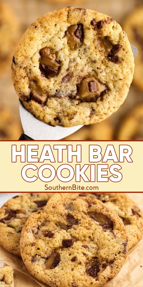 This Heath Bar Cookies recipe combines crunchy, buttery toffee with a classic cookie base, offering the perfect balance of sweet and salty. Simple to make, impossible to resist! Heath Bar Candy Recipe, Brown Butter Heath Cookies, Recipes With Heath Bits, Brown Butter Heath Bar Cookies, Heath Bars Recipes, Salty Sweet Cookies, Chocolate Heath Cookies, Heath Bar Cookies Recipe, Cookies With Heath Toffee Bits