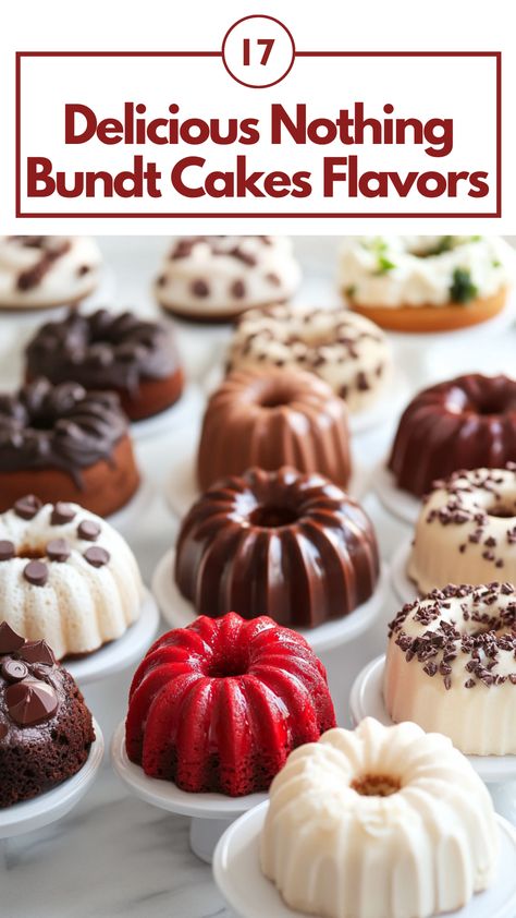 An assortment of delicious Nothing Bundt Cakes in various flavors, including Red Velvet, Chocolate Chocolate Chip, and Lemon, displayed beautifully for a special occasion. Bundt Cake Prices, Mini Bunts Cakes, Mini Bundt Pound Cake Recipes, Nothing But Bundt Cakes, Miniature Bundt Cakes, Ding Dong Bundt Cake Recipe, Copycat Nothing But Bundt Cake Recipes, 3 Cup Bundt Cake Recipes, Individual Bundt Cake Recipes